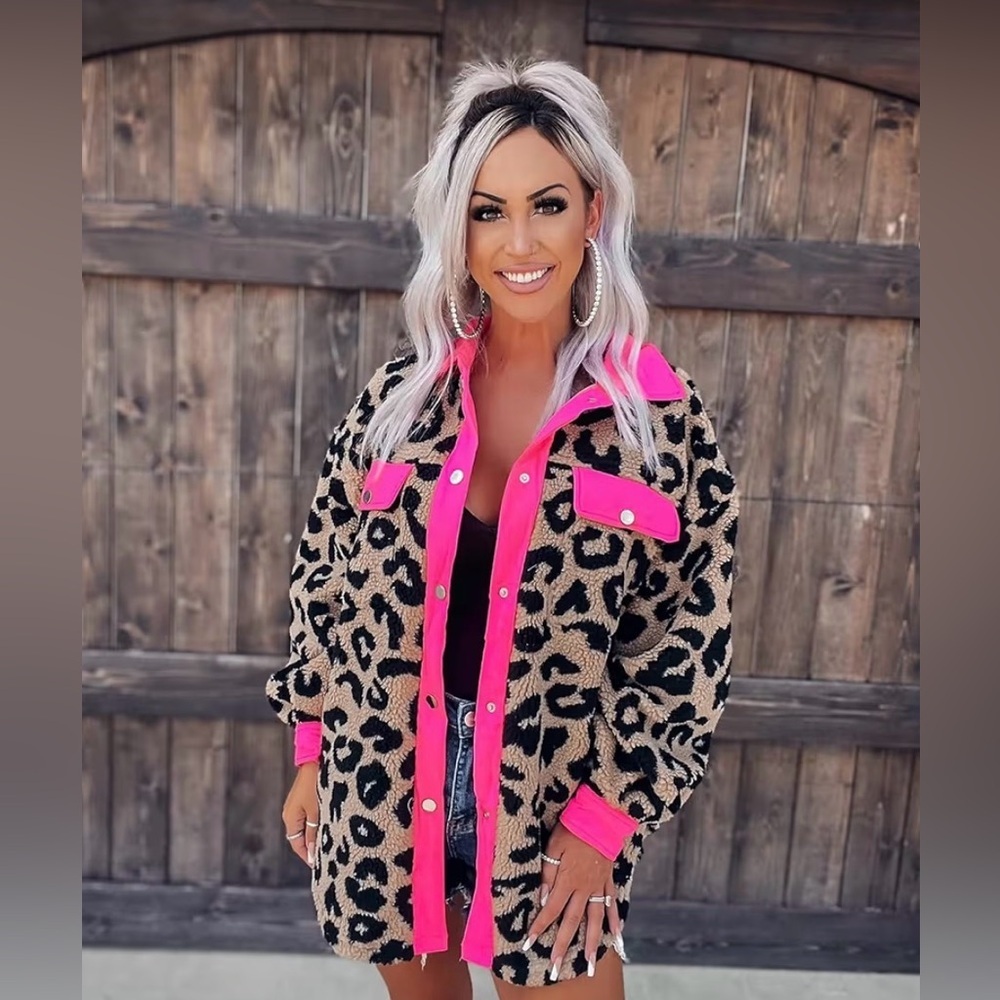 Leopard Sherpa Shacket with Neon Pink Trim